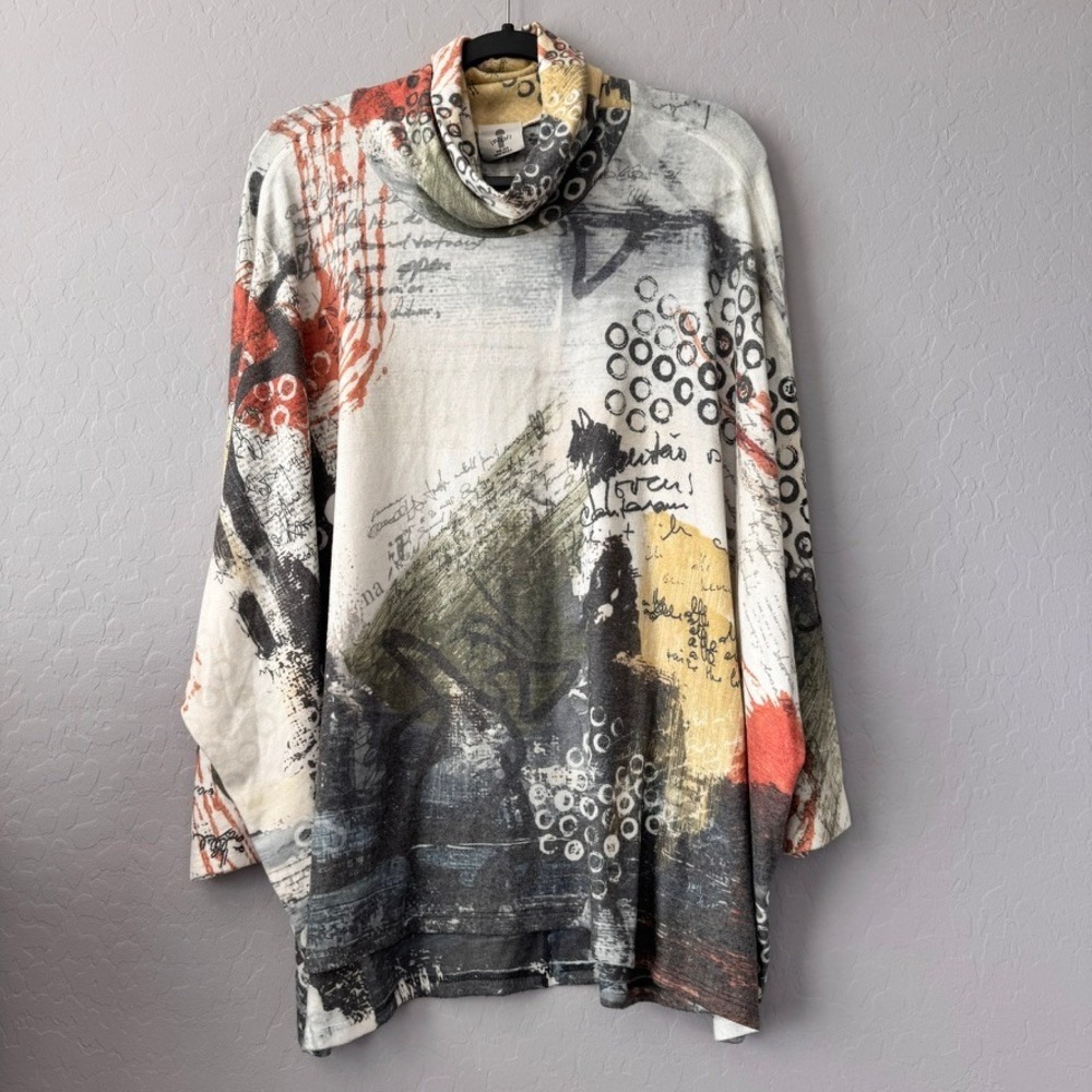 Inoah One Size Tunic Top Multicolor Long Sleeve Abstract Cowl Neck Lagenlook